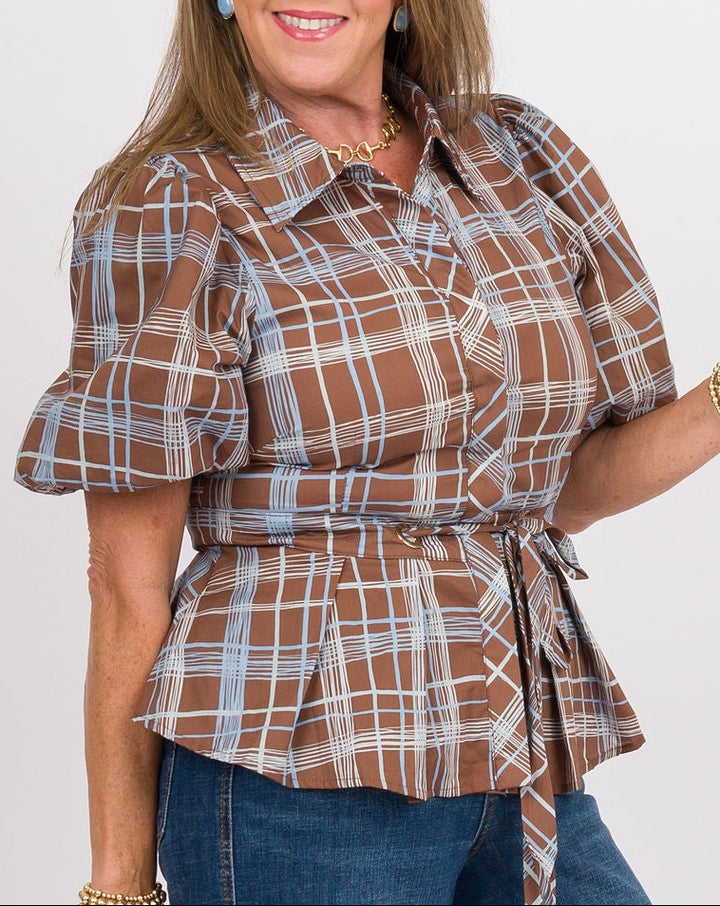 Brown Blue Plaid Top