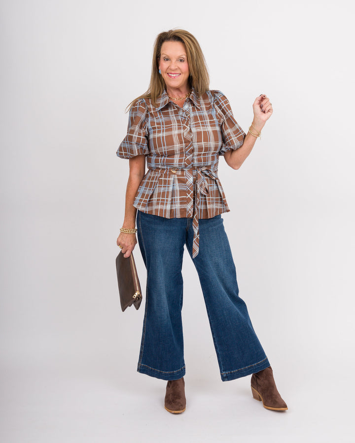 Brown Blue Plaid Top