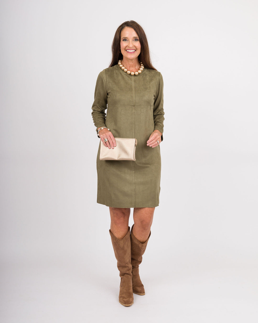 Aurora Suede Round Neck Dress - Olive