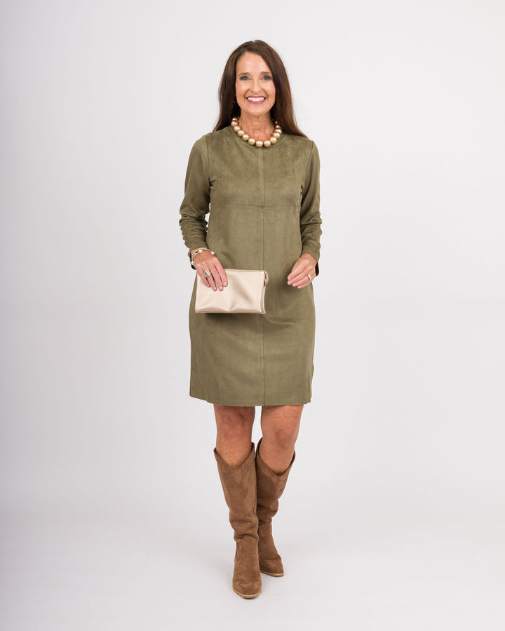 Aurora Suede Round Neck Dress - Olive