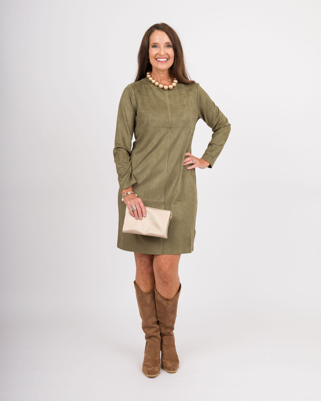 Aurora Suede Round Neck Dress - Olive