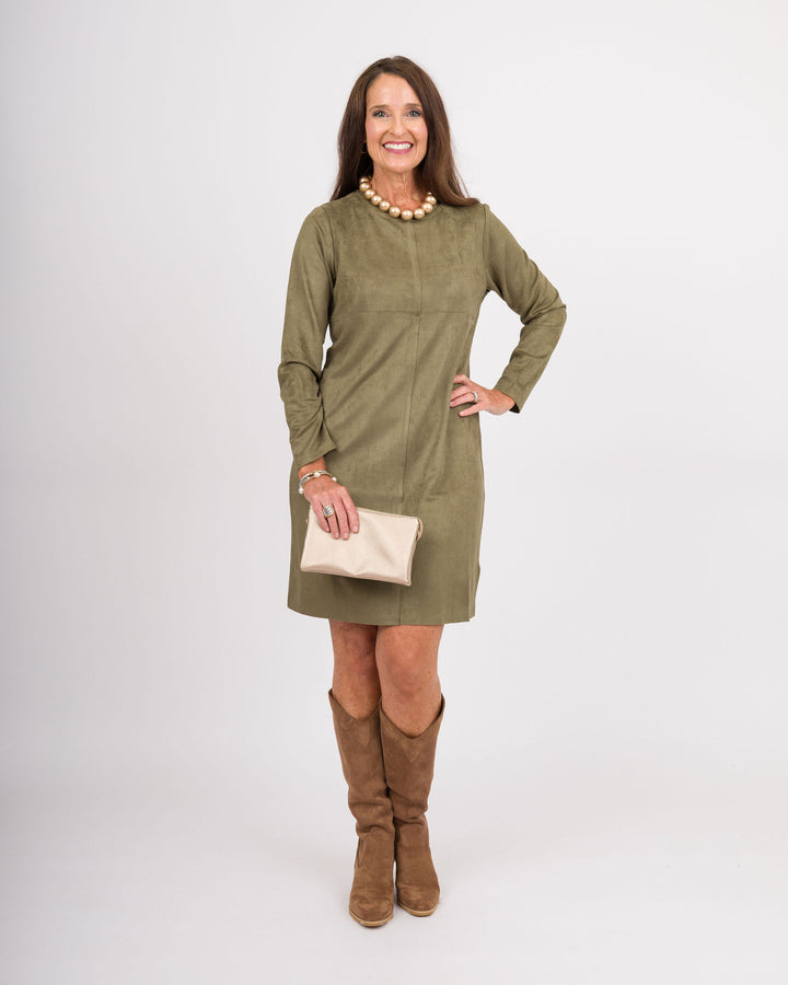 Aurora Suede Round Neck Dress - Olive