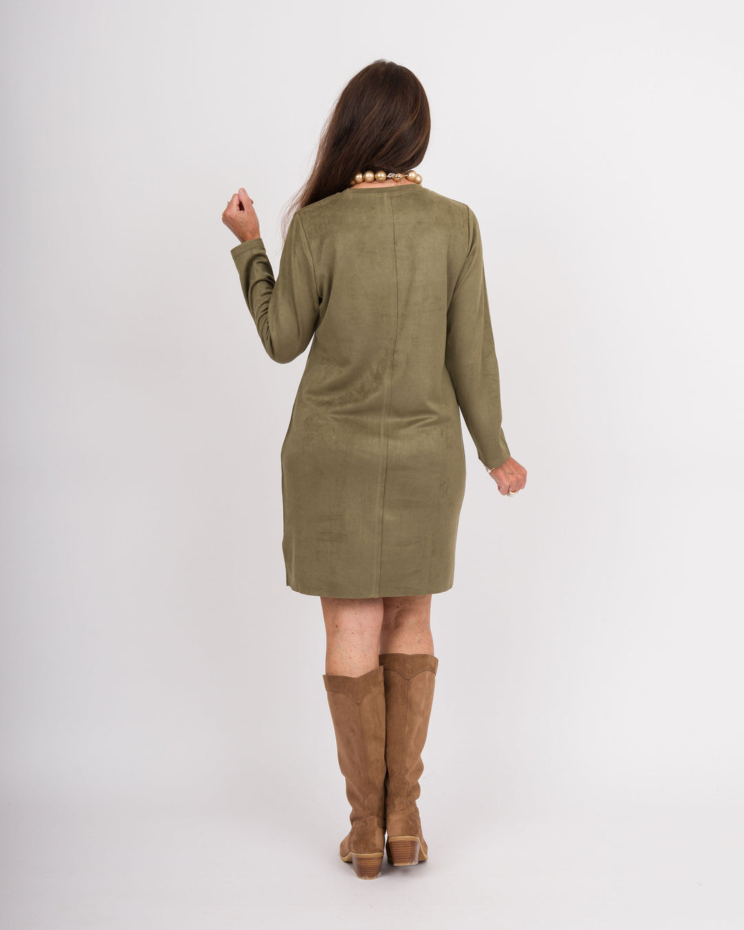 Aurora Suede Round Neck Dress - Olive