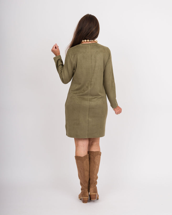 Aurora Suede Round Neck Dress - Olive