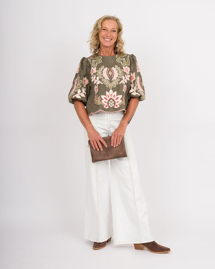 Olive Suede Floral Puff Sleeve Top
