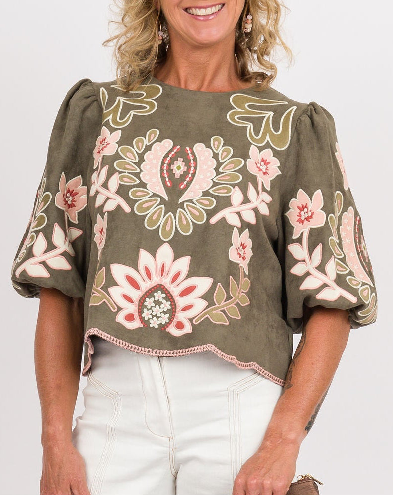 Olive Suede Floral Puff Sleeve Top