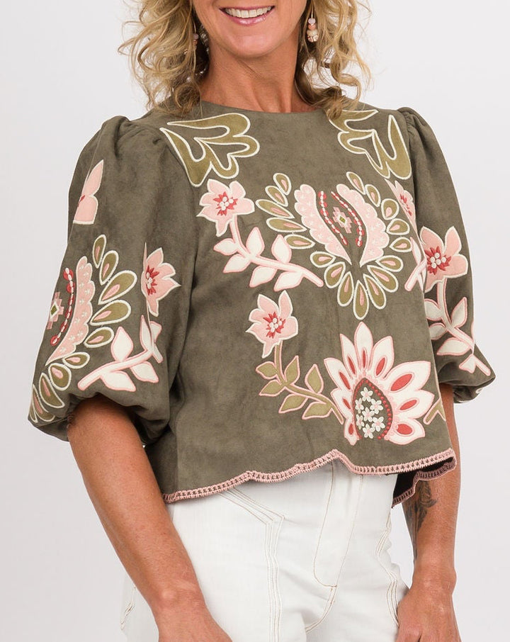 Olive Suede Floral Puff Sleeve Top