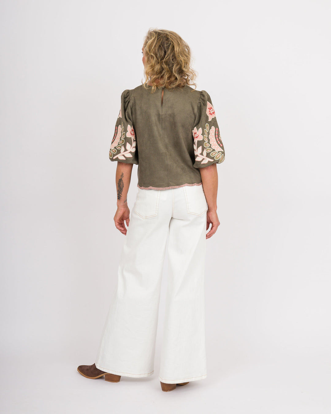 Olive Suede Floral Puff Sleeve Top