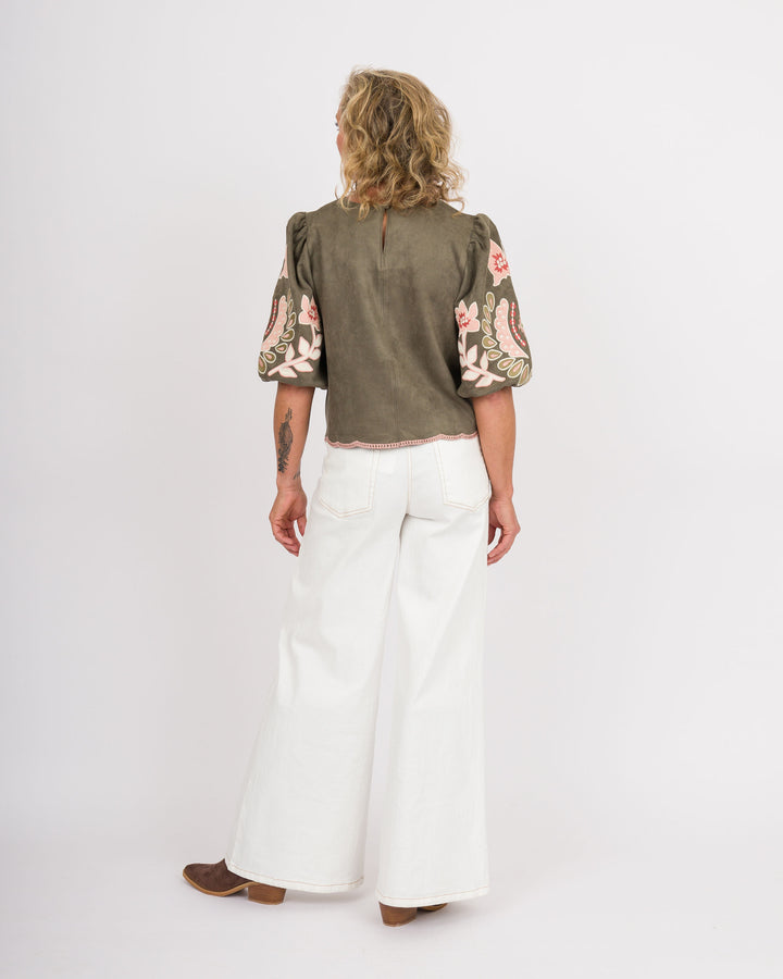 Olive Suede Floral Puff Sleeve Top