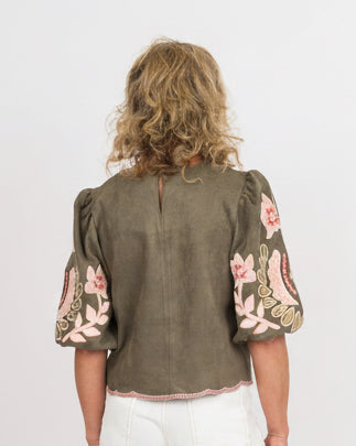 Olive Suede Floral Puff Sleeve Top