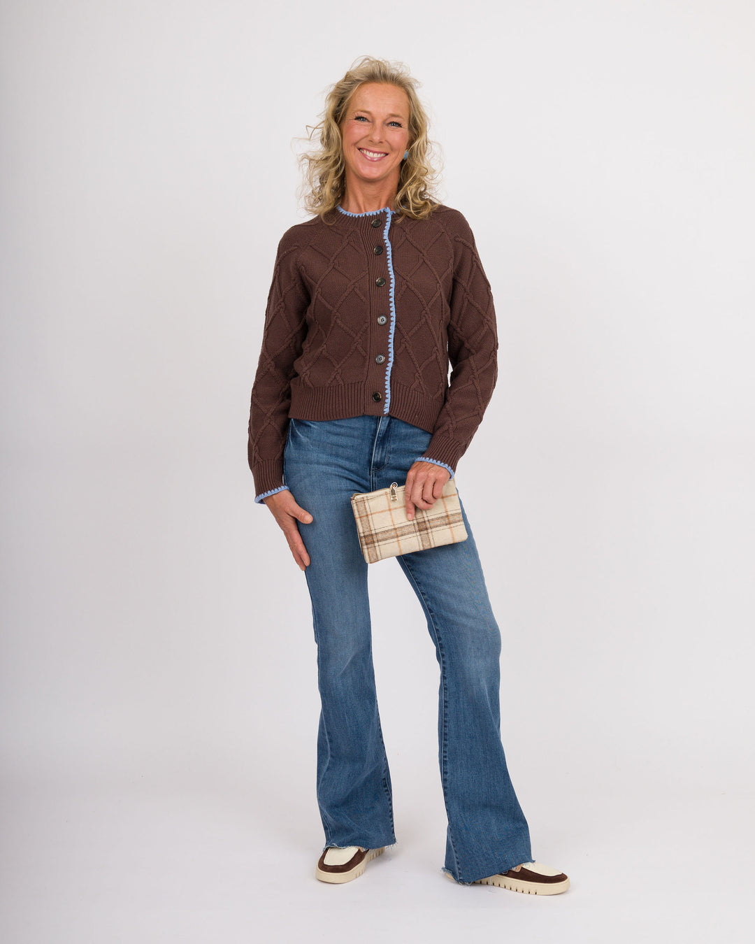 Frosted Mocha Button Down Cardigan with Blue Trim