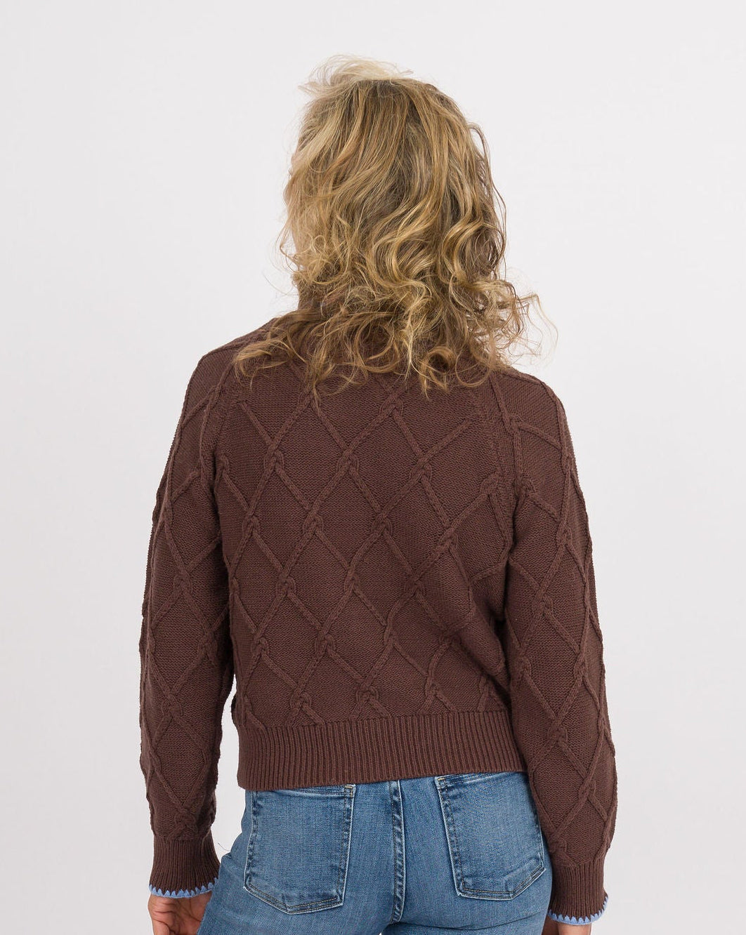 Frosted Mocha Button Down Cardigan with Blue Trim
