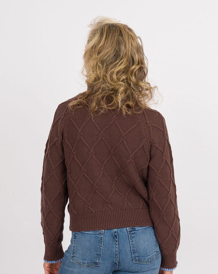 Frosted Mocha Button Down Cardigan with Blue Trim