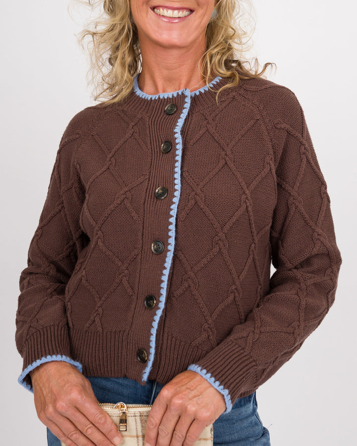 A woman wearing a brown cable-knit cardigan sweater with light blue trim and dark buttons, paired with blue jeans, against a plain light gray background.
