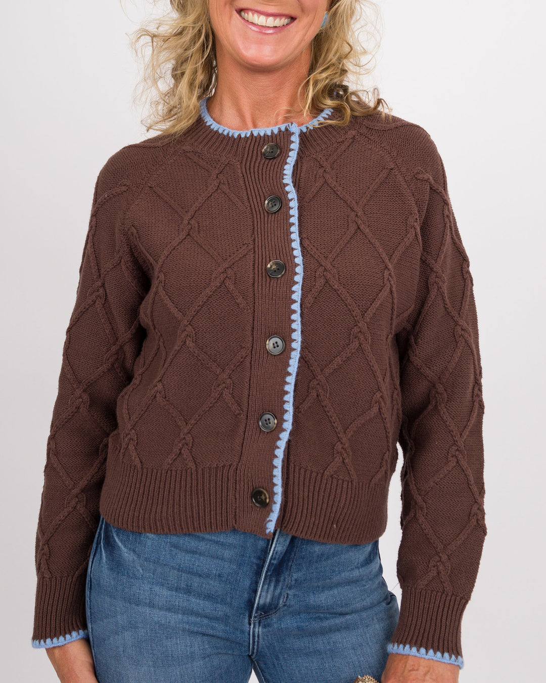 Frosted Mocha Button Down Cardigan with Blue Trim