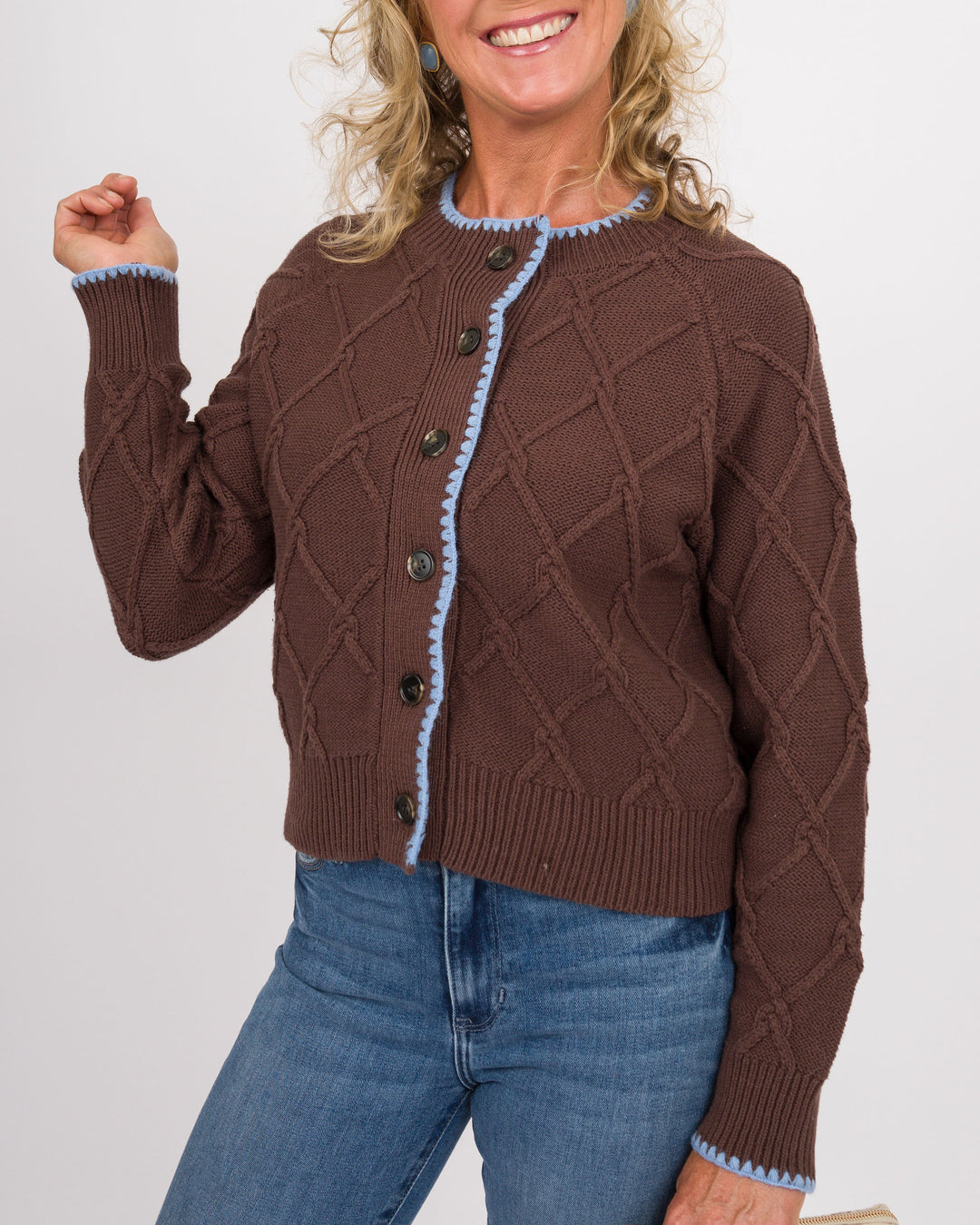 Frosted Mocha Button Down Cardigan with Blue Trim