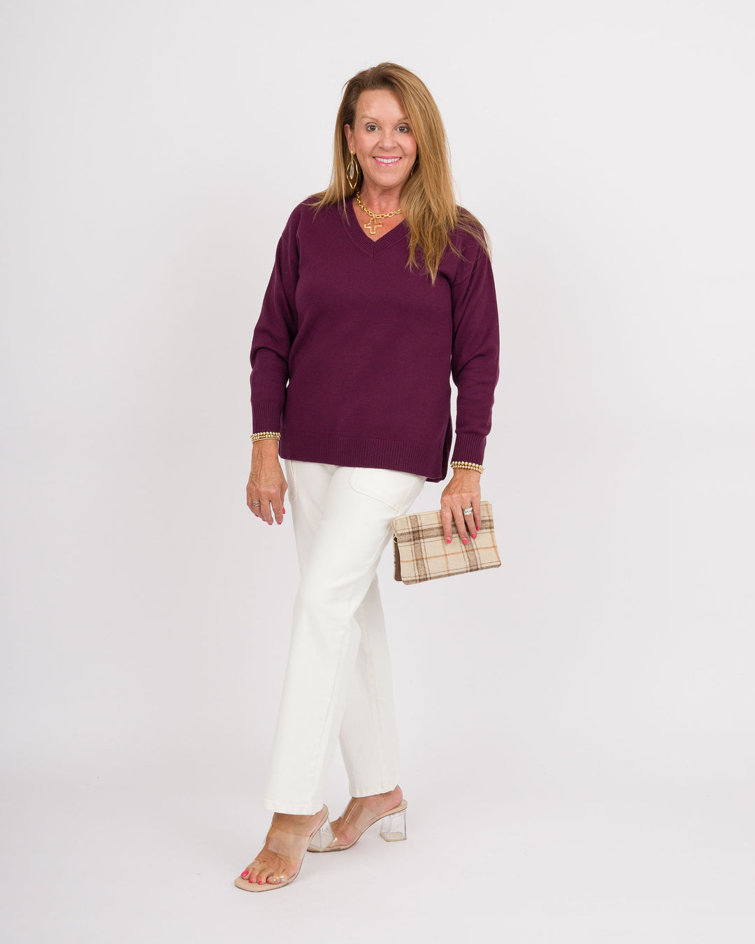 Heart of Pine Jalissa Ribbed V-Neck Sweater - Deep Plum