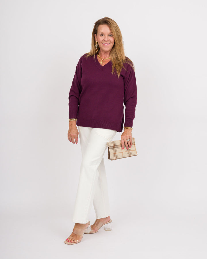 Heart of Pine Jalissa Ribbed V-Neck Sweater - Deep Plum