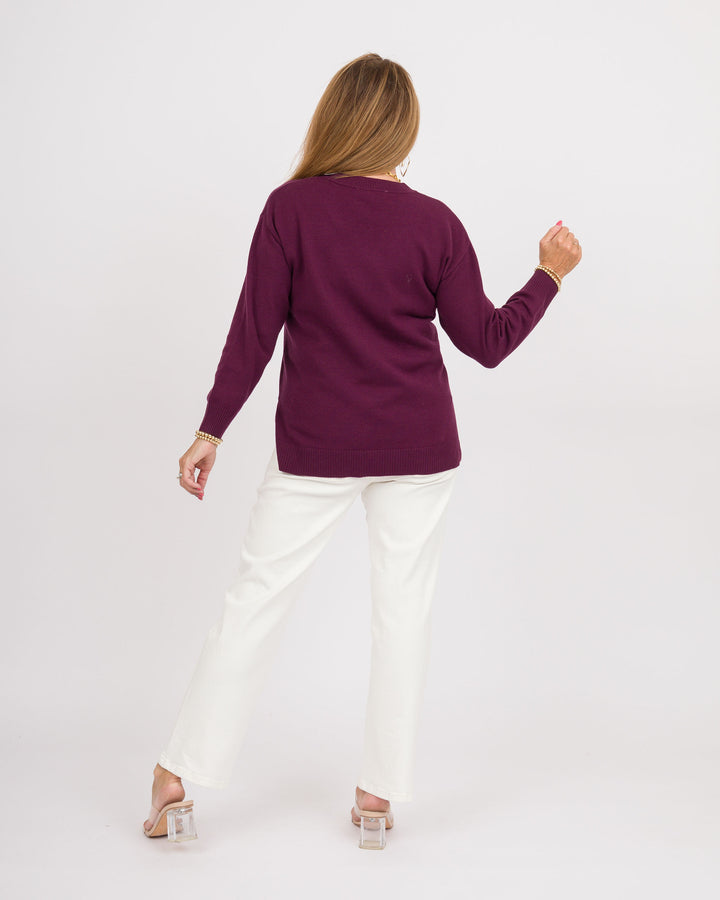 Heart of Pine Jalissa Ribbed V-Neck Sweater - Deep Plum
