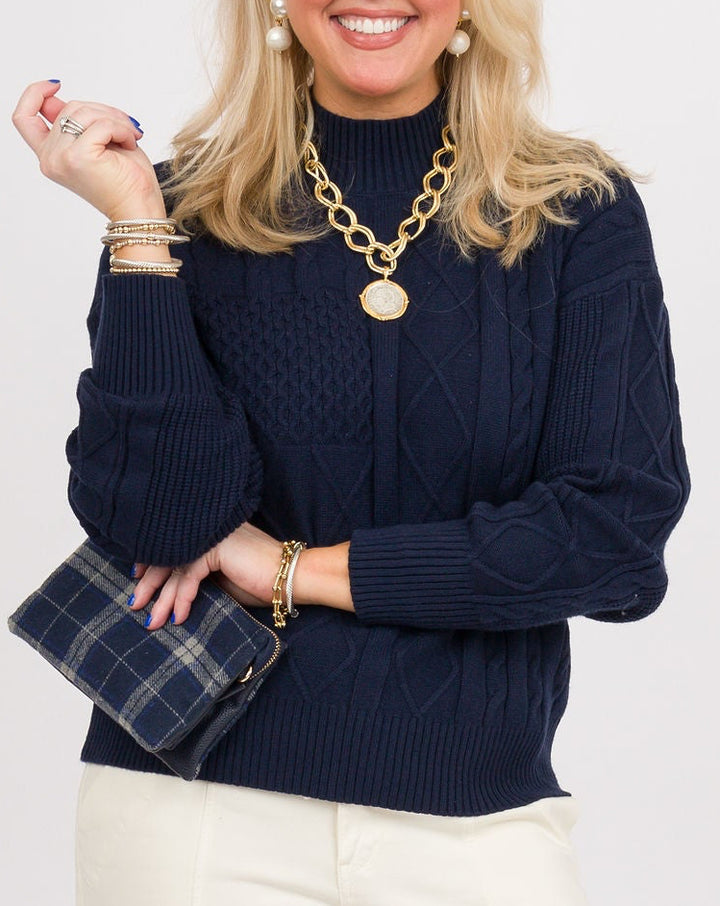 Heart of Pine Navy Mock Neck Cable Sweater