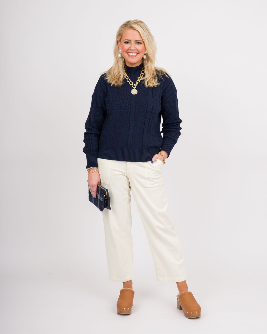 Heart of Pine Navy Mock Neck Cable Sweater