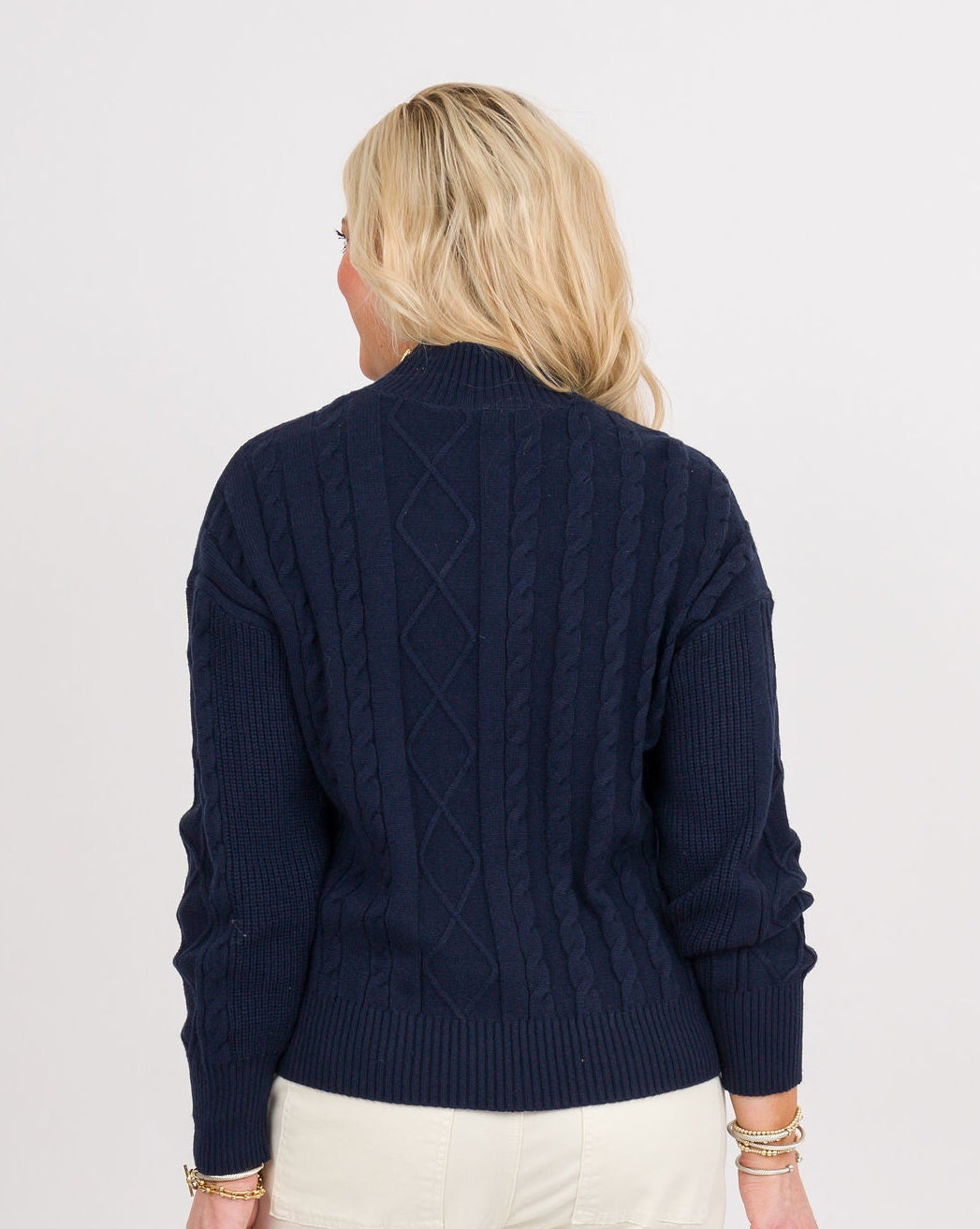 Heart of Pine Navy Mock Neck Cable Sweater
