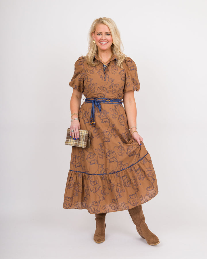 Camel Navy Tie Waist Midi Dress