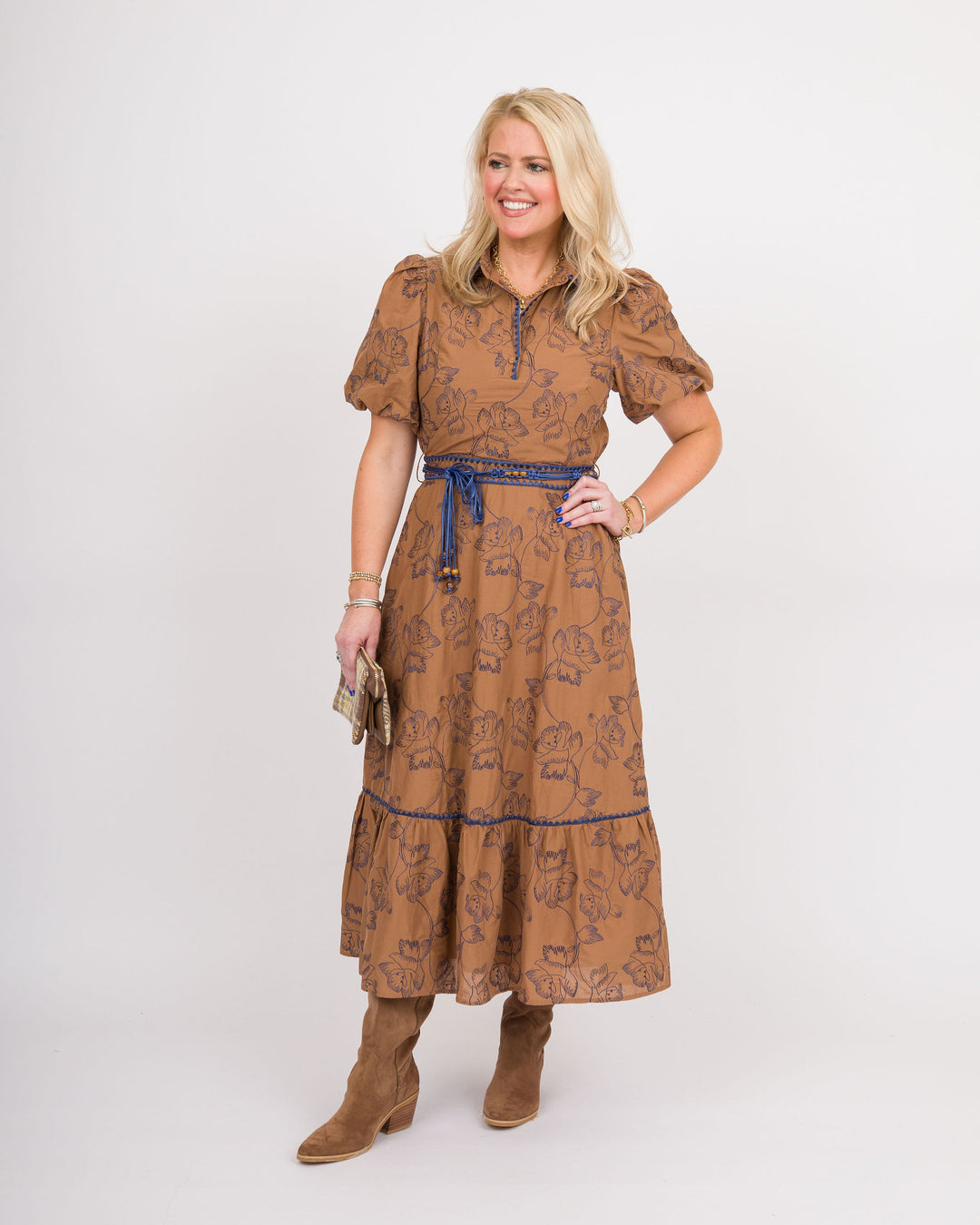 Camel Navy Tie Waist Midi Dress