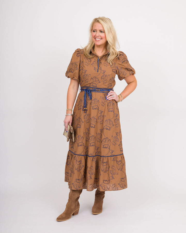 Camel Navy Tie Waist Midi Dress