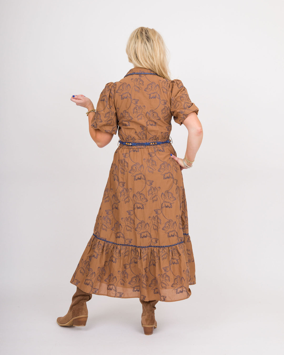 Camel Navy Tie Waist Midi Dress