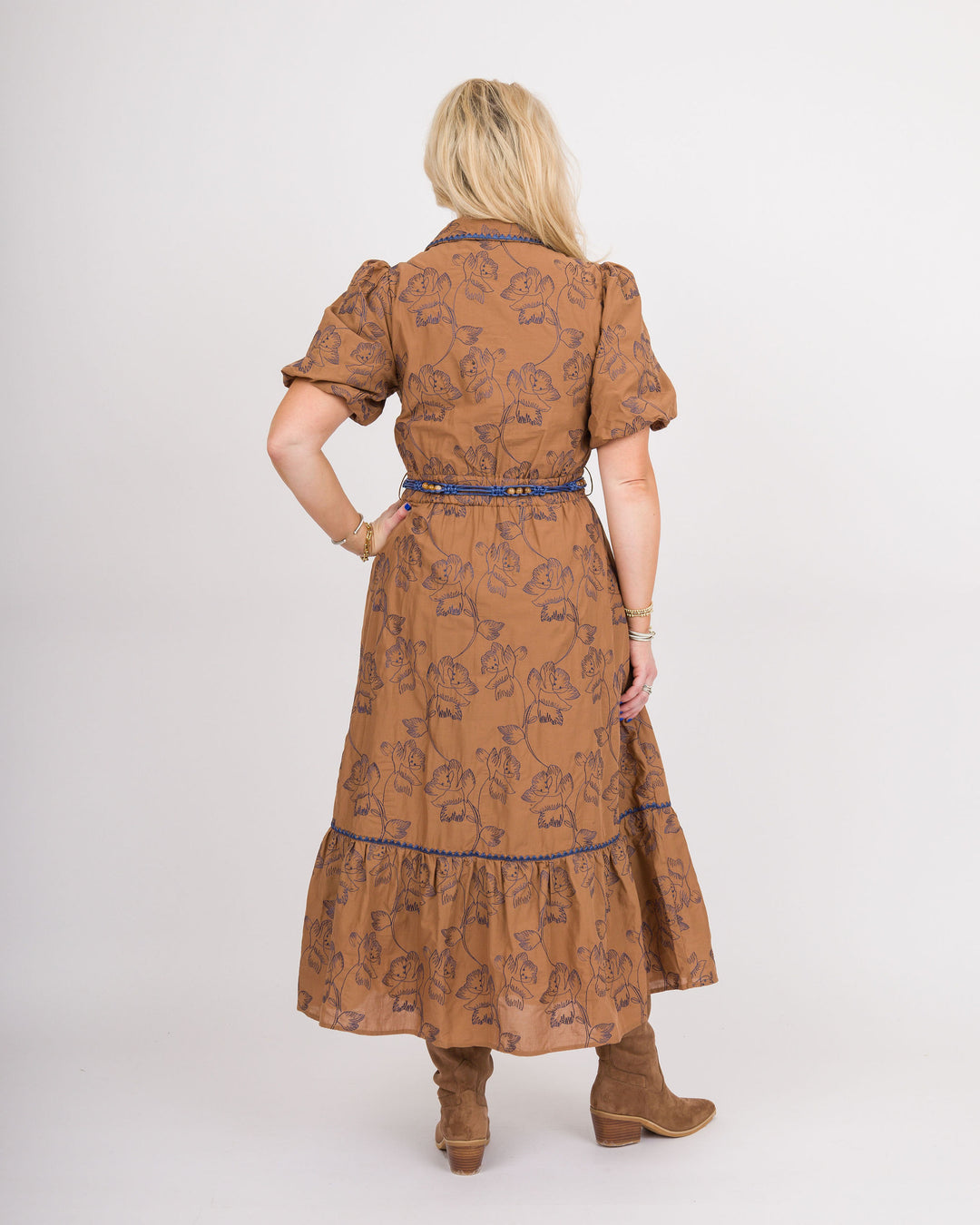 Camel Navy Tie Waist Midi Dress