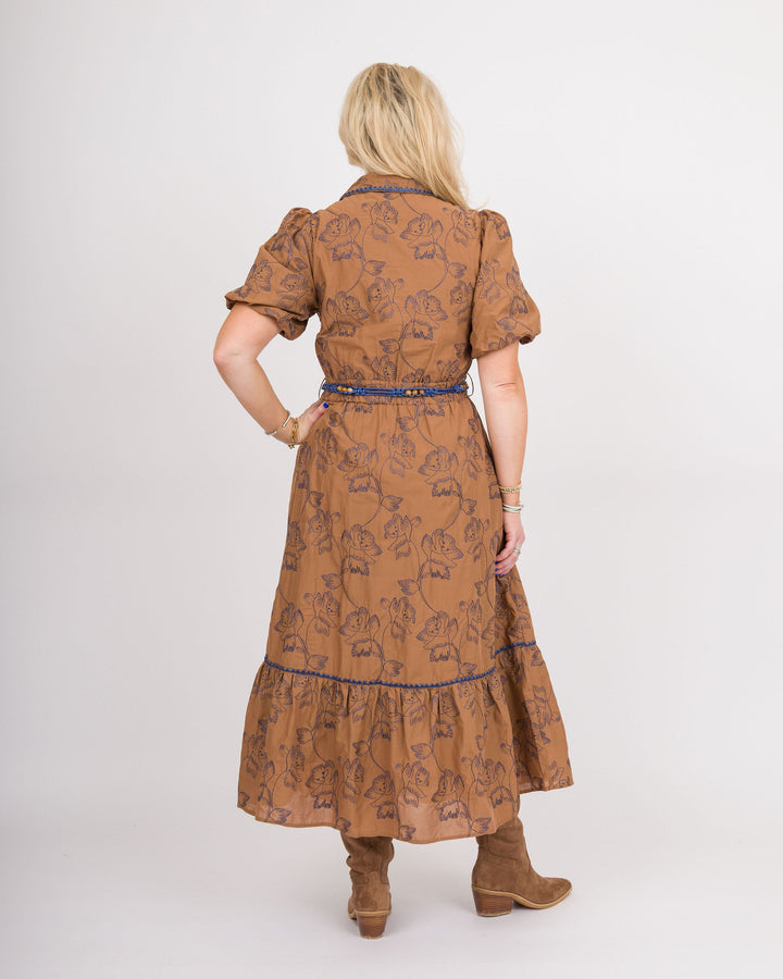 Camel Navy Tie Waist Midi Dress