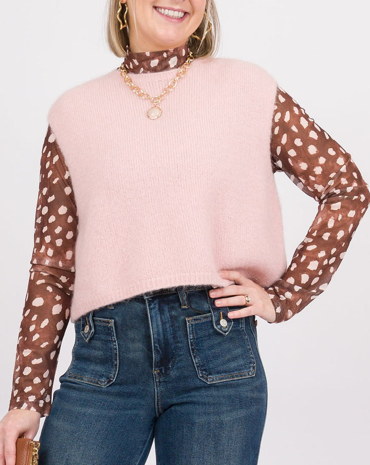 Deer Print Mock Neck Mesh Top