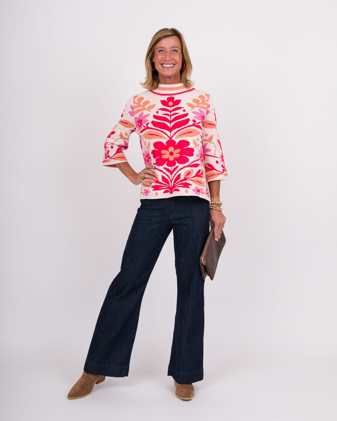 Pink Floral Mock Neck Sweater