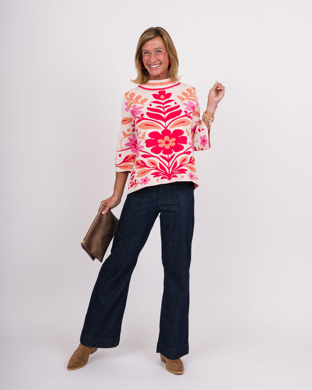 Pink Floral Mock Neck Sweater