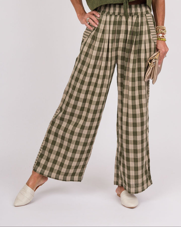 Melina Checkered Wide Leg Pants - Olive