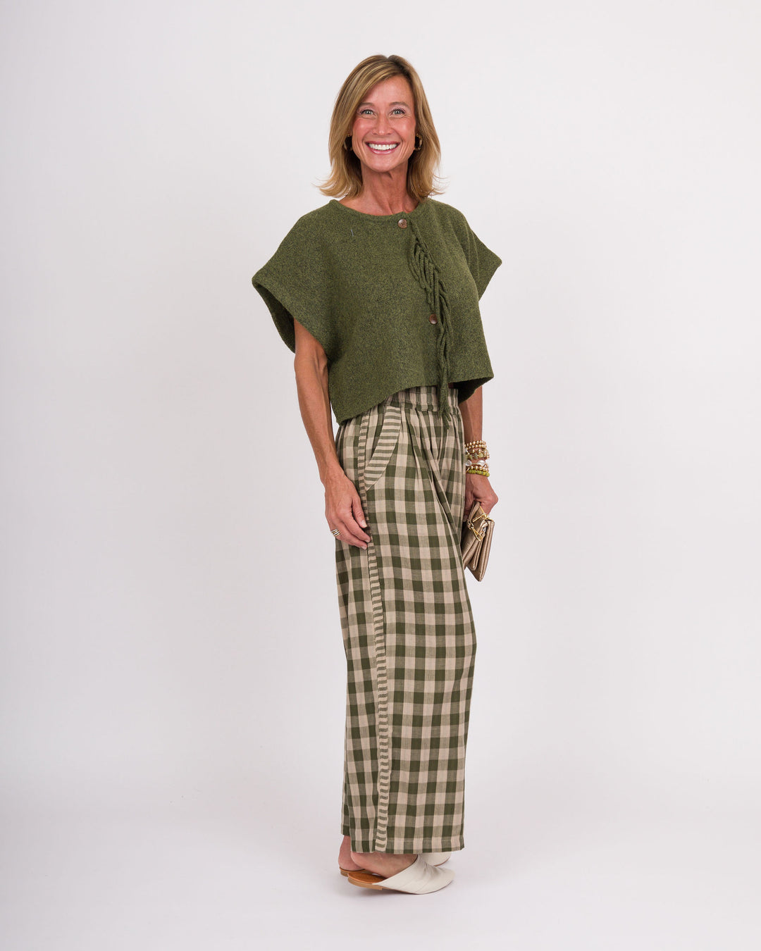 Melina Checkered Wide Leg Pants - Olive
