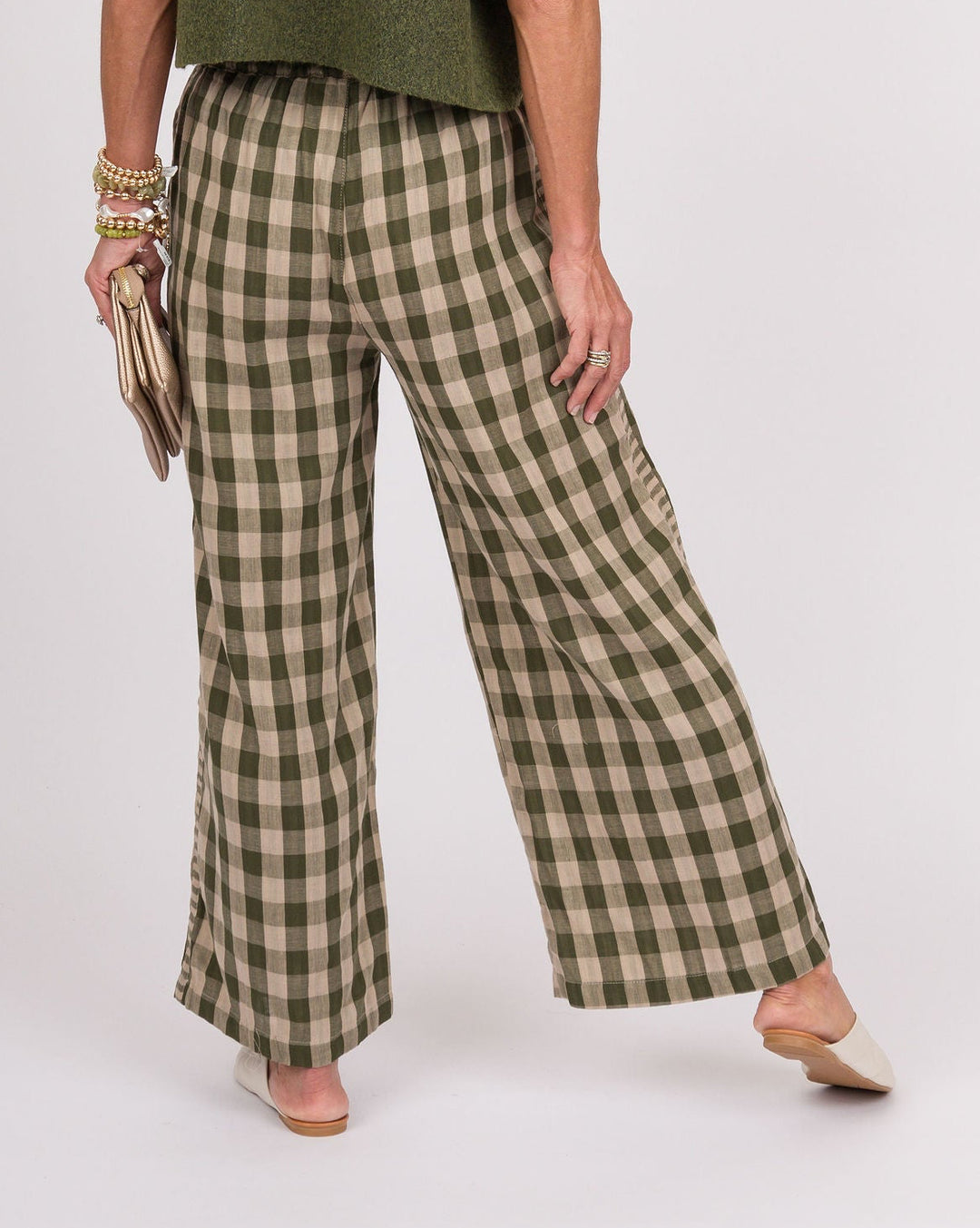 Melina Checkered Wide Leg Pants - Olive