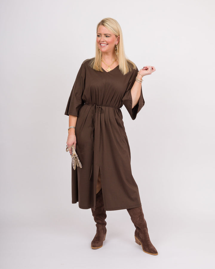 Chocolate Plum Tie Waist Midi Dress