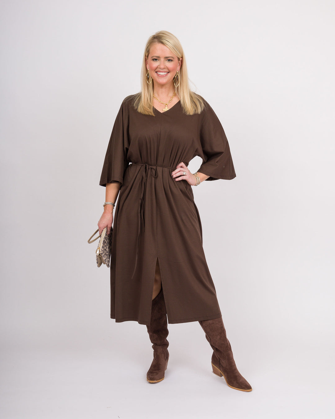 Chocolate Plum Tie Waist Midi Dress