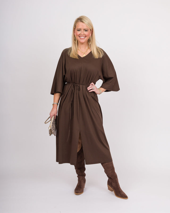 Chocolate Plum Tie Waist Midi Dress