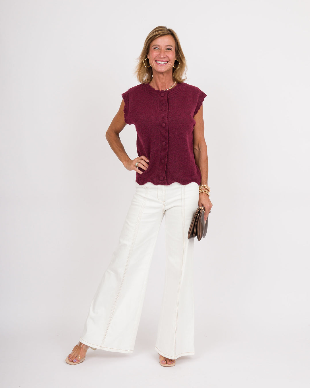Button Front Scalloped Ribbed Sweater Vest - Burgandy