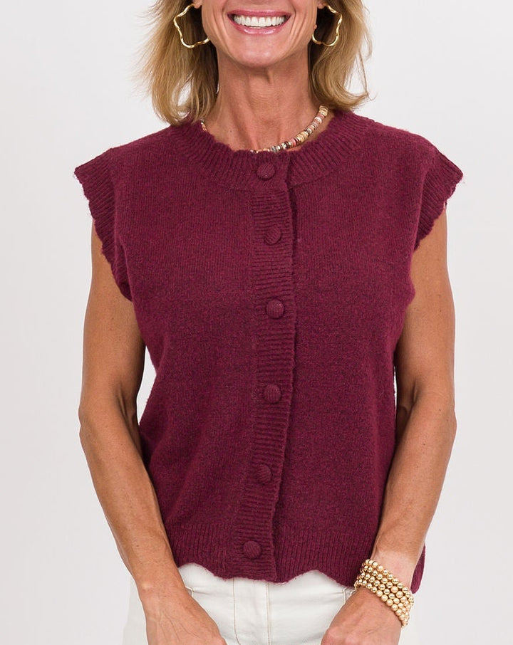 Button Front Scalloped Ribbed Sweater Vest - Burgandy