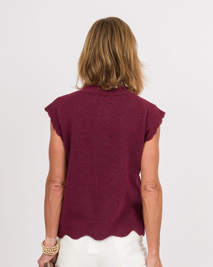 Button Front Scalloped Ribbed Sweater Vest - Burgandy