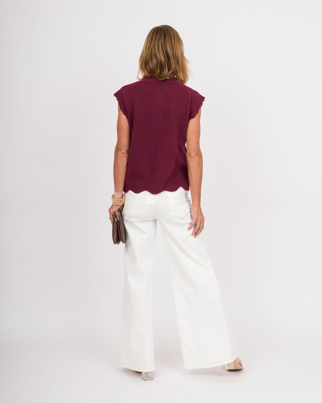 Button Front Scalloped Ribbed Sweater Vest - Burgandy