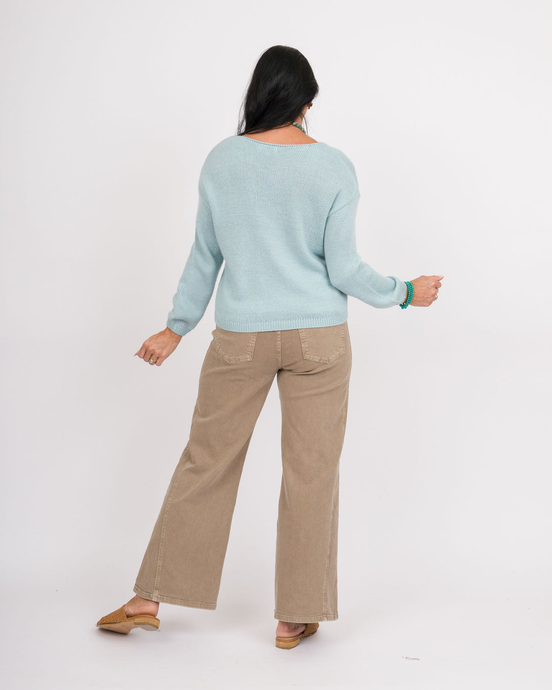 Plain Knit Round Neck Sweater - Light Blue