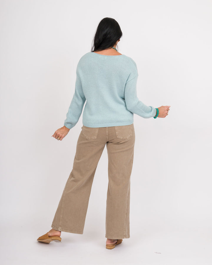 Plain Knit Round Neck Sweater - Light Blue