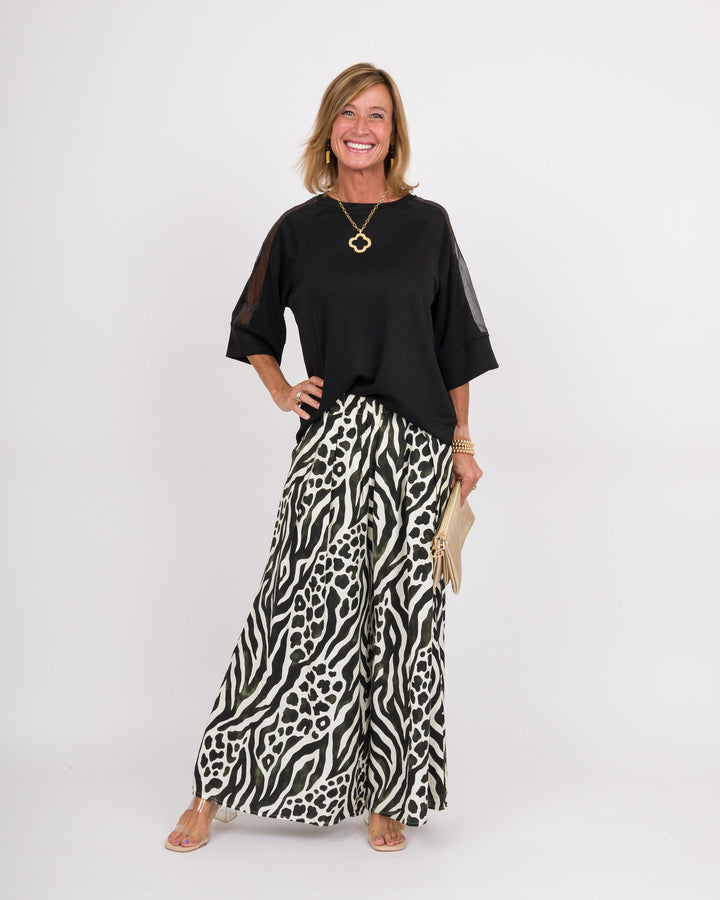Mixed Animal Print Wide Leg Pants - Olive