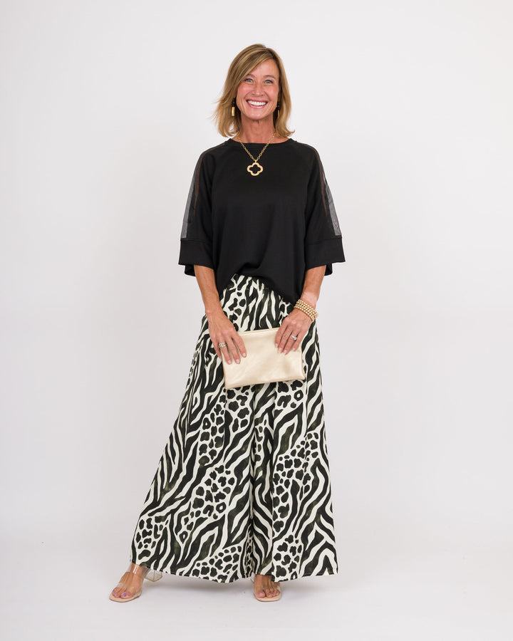 Mixed Animal Print Wide Leg Pants - Olive