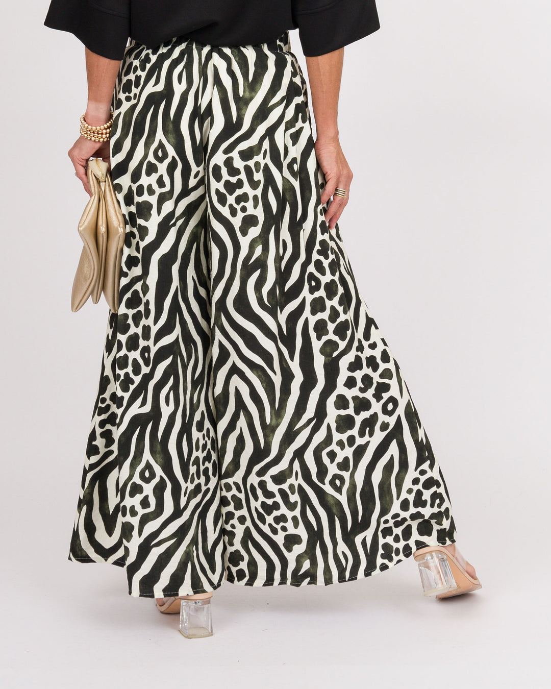 Mixed Animal Print Wide Leg Pants - Olive